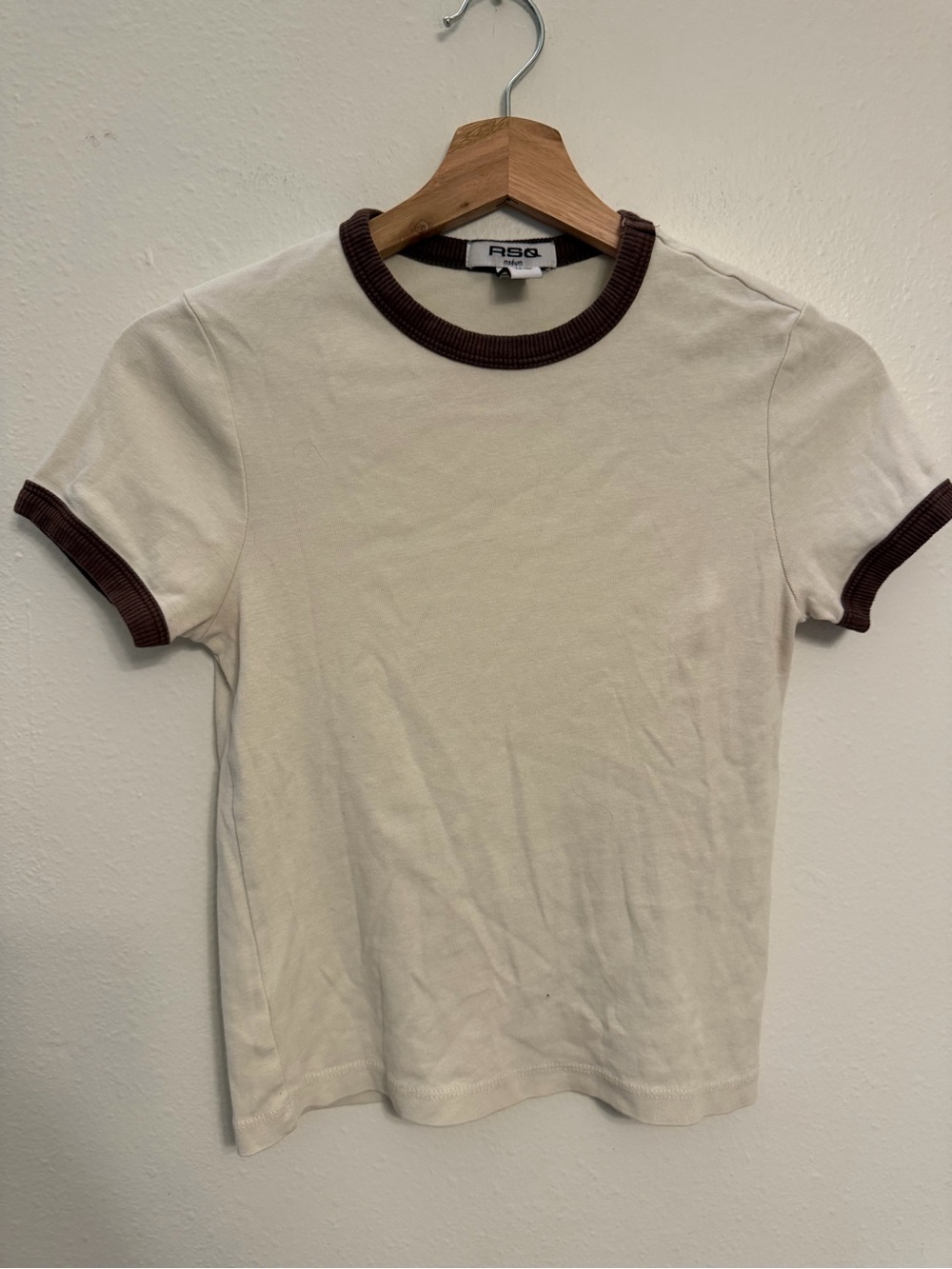 RSQ Cream Short Sleeve Ringer Tee with Brown Trim